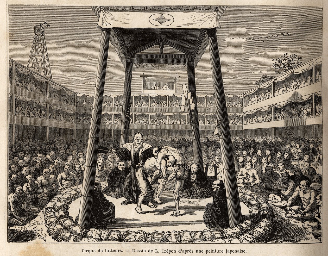Der Zirkus der Ringer, die auf ihren Kampf warten, findet in der Arena unter dem Holzkäfig statt; ringsum beobachtet die Menge der Zuschauer und Wettenden die Kämpfe mit Leidenschaft. Illustration der Reise nach Japan, von Aime Humbert, Minister der Schwe von Unknown artist