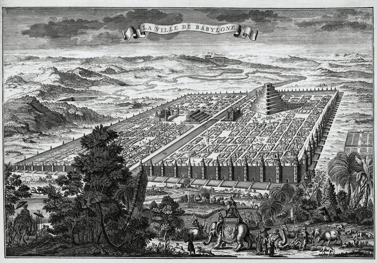 Die Stadtmauern von Babylon umgeben die hängenden Gärten und den Turm von Babel von Unknown artist