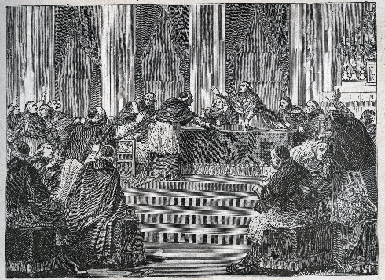 Die Geistlichen von Frankreich und Italien trafen sich in Paris zur Versammlung des französischen Nationalrats am 9. Juni 1811, geleitet von Kardinal Fesch (1763-1839). von Unknown artist