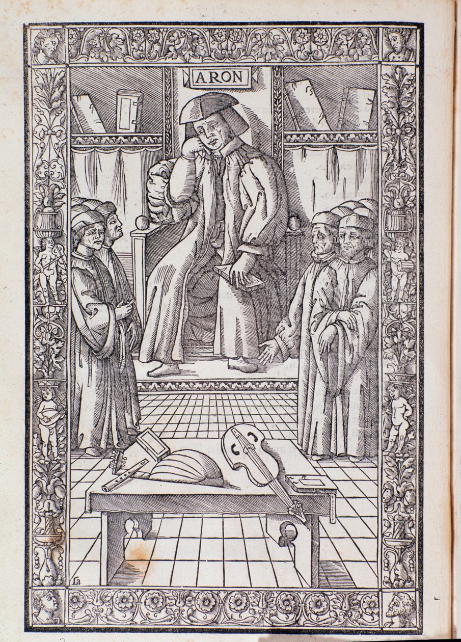 Der Komponist und Musiktheoretiker Pietro Aaron als Vorsitzender unter seinen Schülern. Illustration aus Toscanello in musica von Unknown artist