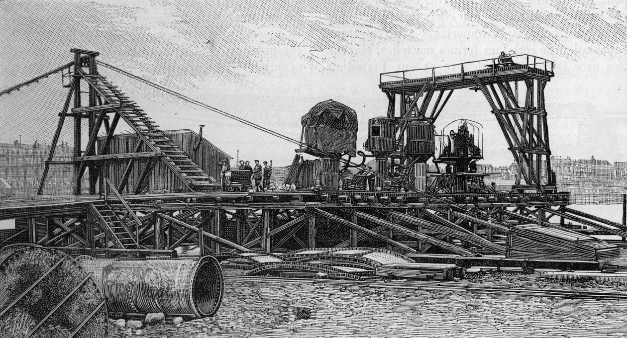 Der Bau der Mirabeau-Brücke in Paris (1893): die Dienstbrücke (nach einem Foto). Gravur in „La Nature: revue des sciences et de leurs applications aux arts et à l