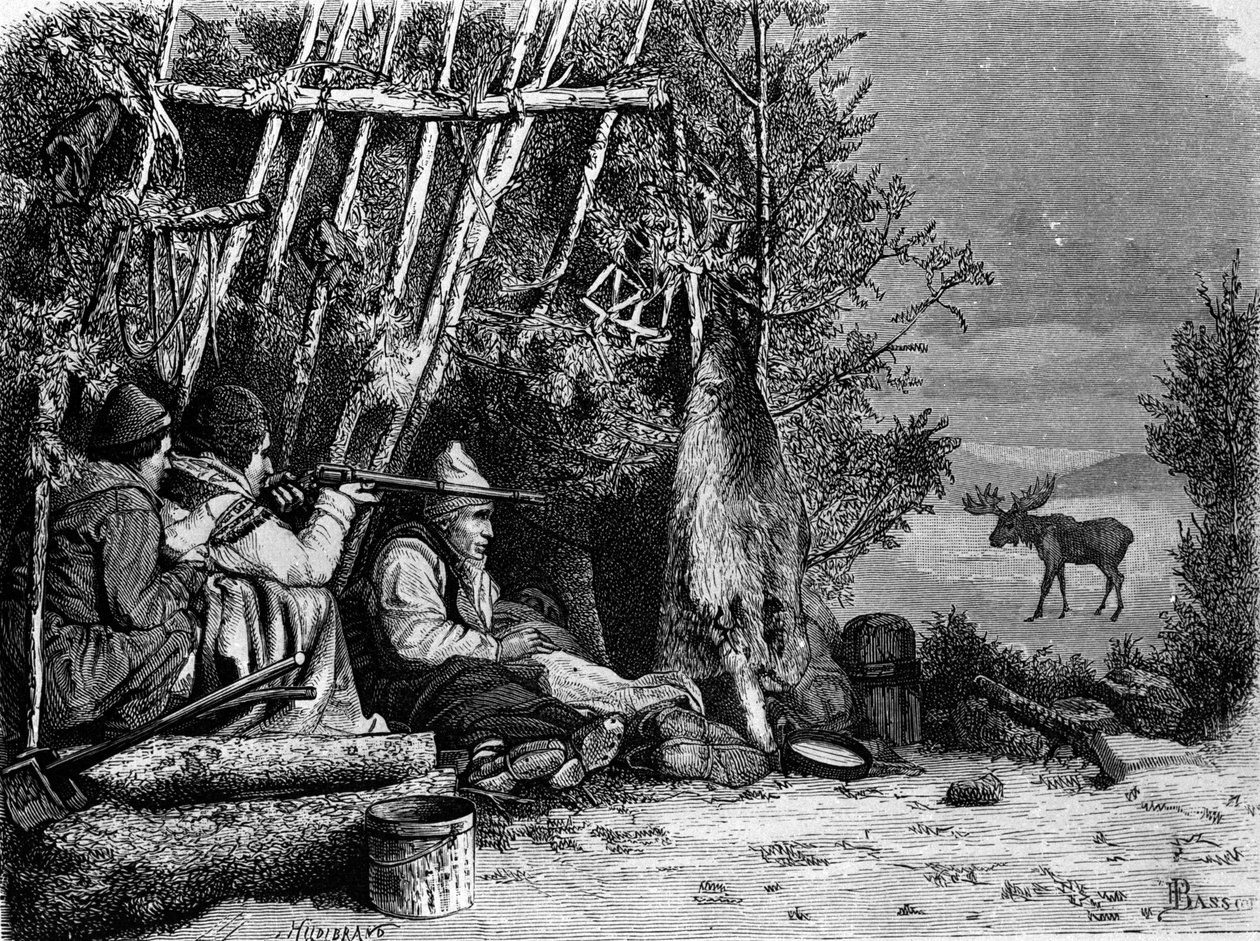 Das tägliche Leben der Fallensteller (Berufsjäger) in Kanada: zwei Karibujäger. Gravur des 19. Jahrhunderts. von Unknown artist
