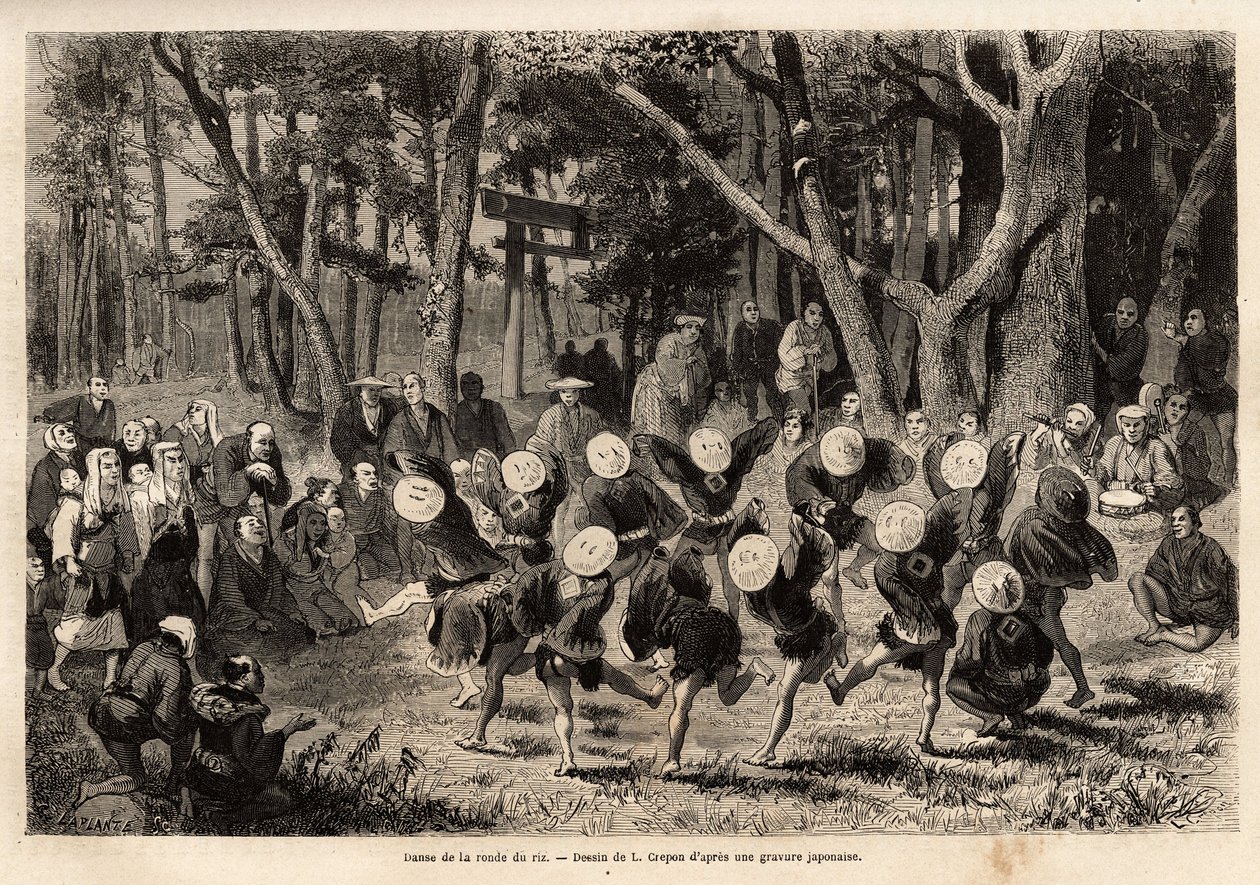 Der Tanz des Reisrundens, der im 10. Monat des Jahres stattfindet, bezieht sich auf Getreideernte. Gravur zur Illustration der Reise nach Japan, von Aime Humbert, Minister der Schweizerischen Eidgenossenschaft, 1863-1864, veröffentlicht in "Le tour du mond von Unknown artist