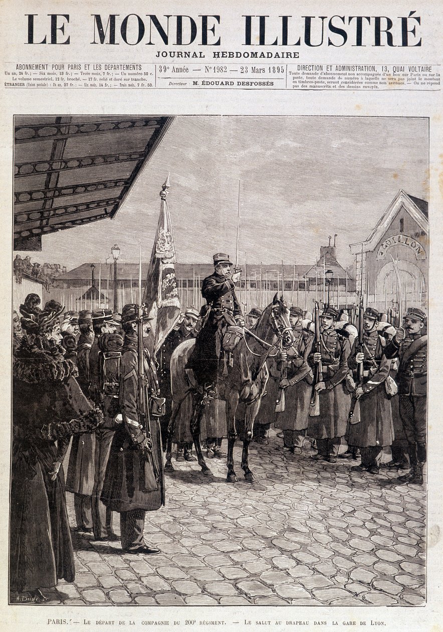 Abreise der Kompanie des 200. Regiments. Gruß an die Flagge im Gare de Lyon. „Die illustrierte Welt“. 23/03/1895. Zeichnung. von Unknown artist