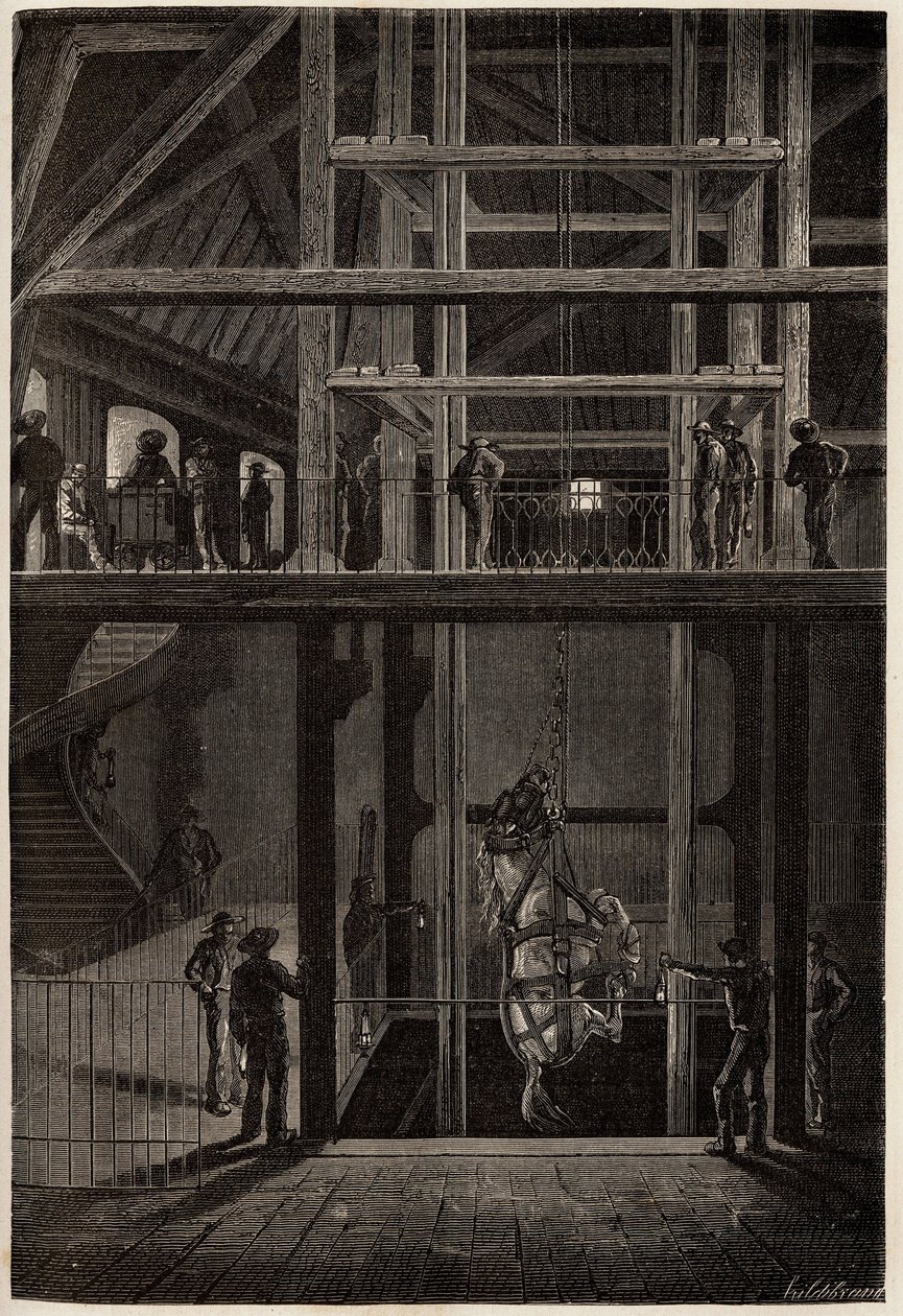 Der Abstieg eines Pferdes in die Creusot-Minen, verwendet in unterirdischen Tunneln für den Transport von Kohlenwagen. Gravur zur Illustration einer Reise nach Creusot und den Minen von Saone und Loire, im Jahr 1865, von L. Simonin, in „Le tour du monde, n von Unknown artist