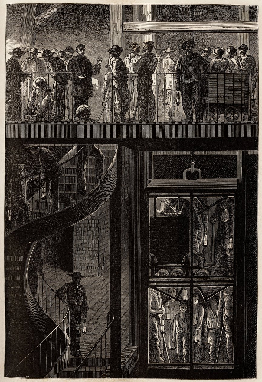 Der Abstieg der Bergleute (Männer, Frauen und Kinder) durch den Aufzugskäfig in die unterirdischen Galerien der Creusot-Kohleminen. Illustration einer Reise nach Creusot und den Minen von Saone und Loire, 1865, von L. Simonin, in 