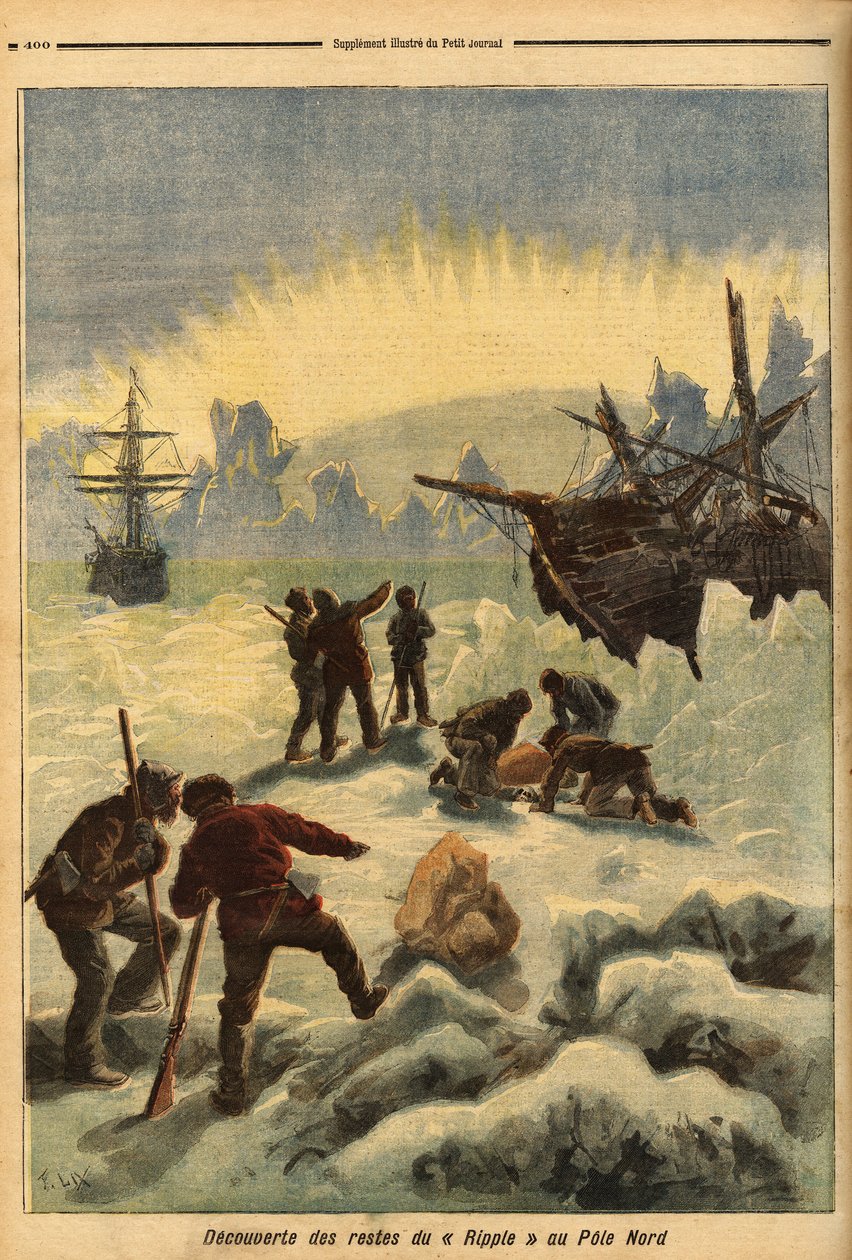 Die Entdeckung der Überreste der Ripple (norwegisches Schiff), im Eis am Nordpol gefangen. Gravur in „Le petit journal“ 16/12/1893. Sammlung Selva. von Unknown artist