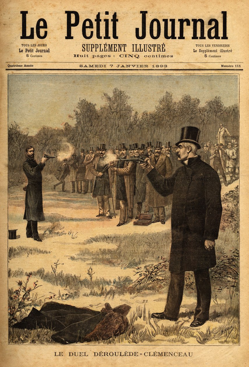 Das Duell mit der Pistole (in Frankreich seit 1626 verboten) zwischen den Abgeordneten Paul Deroulede (1846-1914) und Georges Clemenceau (1841-1929), ohne Schaden. Gravur in „Le petit journal“ 7/01/1893. Selva-Sammlung von Unknown artist