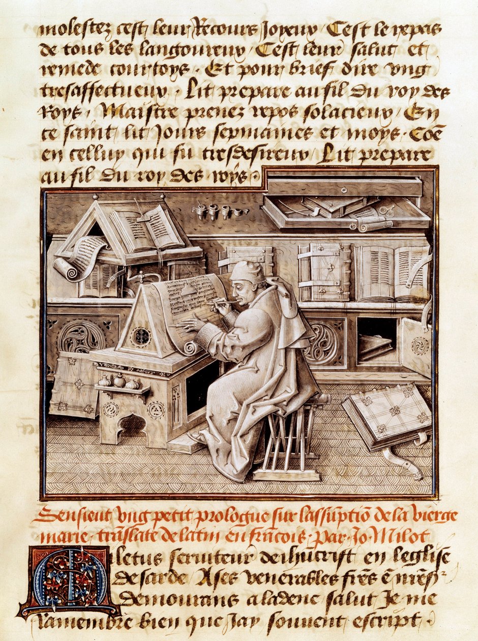 Der Geistliche, Kopist und Übersetzer Jean Mielot (gestorben 1472) bei der Arbeit in seinem Büro. Seite eines Manuskripts aus dem 15. Jahrhundert von Unknown artist
