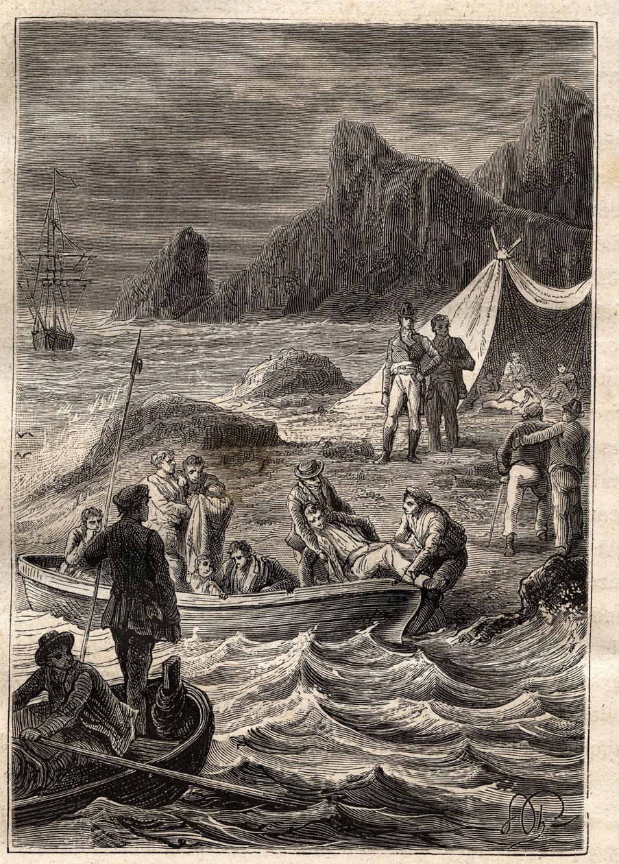 Die Expedition in die südlichen Länder (1800-1803) von Nicolas Baudin (1754-1803): die Skorbutkranken wurden an Land in der Bay of Adventure (Tasmanien, Australien) gebracht - Illustration aus „The Great Mariners of the 18th century“ von Unknown artist