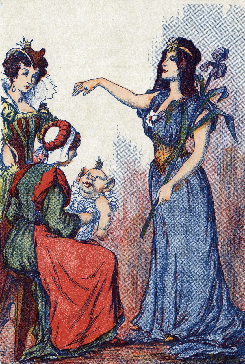 Die Fee sagt voraus, dass Riquet viel Verstand haben wird. Illustration für „Riquet mit dem Schopf“, Märchen von Charles Perrault (1628-1703), französischer Schriftsteller. Anonyme Illustration. Bild von Marcel Vagne, Jarville Nancy, undatiert (spätes 19.  von Unknown artist