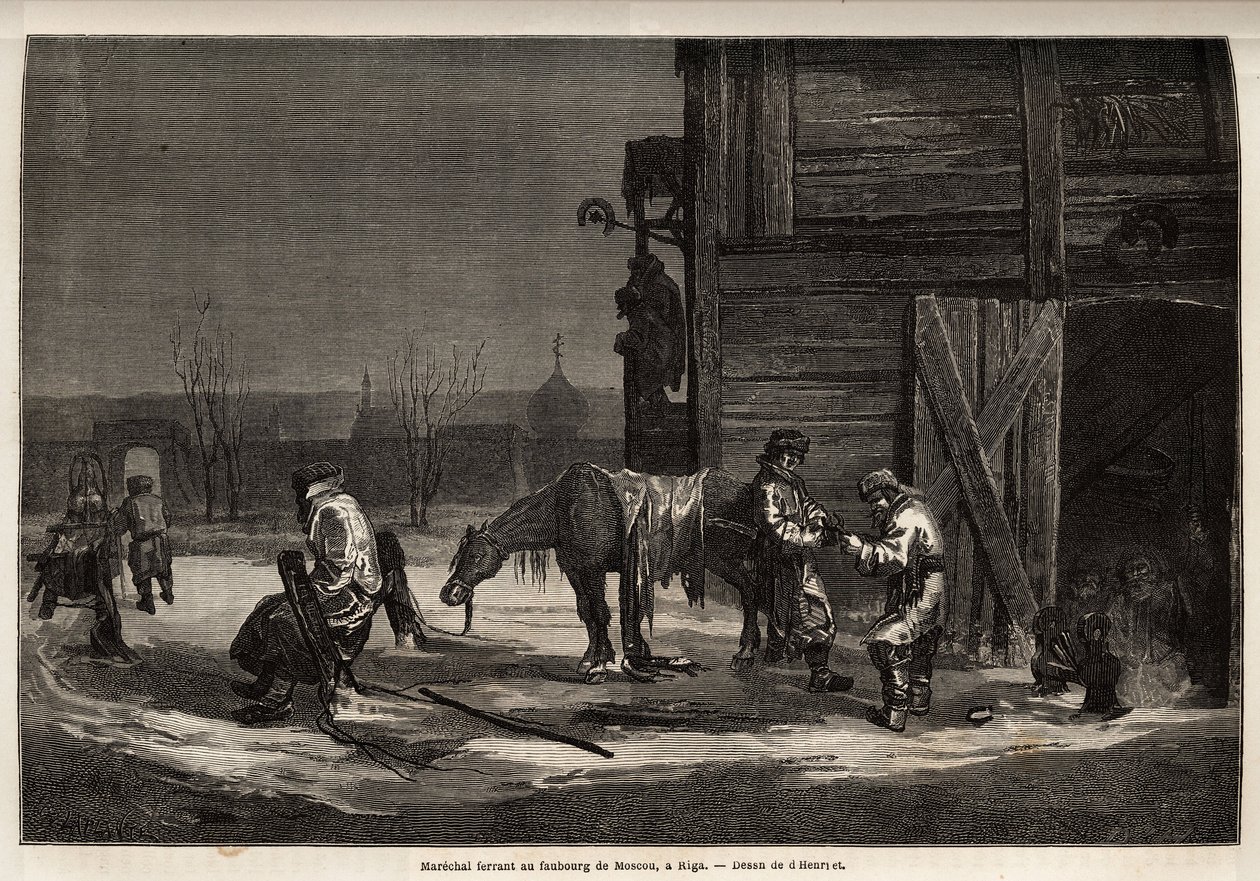 Der Hufschmied, in einem Vorort von Moskau. Zeichnung von Henriet zur Illustration seiner Reise in die russischen Ostseeprovinzen in den Jahren 1851-54. Gravur in „Le tour du monde“, herausgegeben von Edouard Charton von Unknown artist
