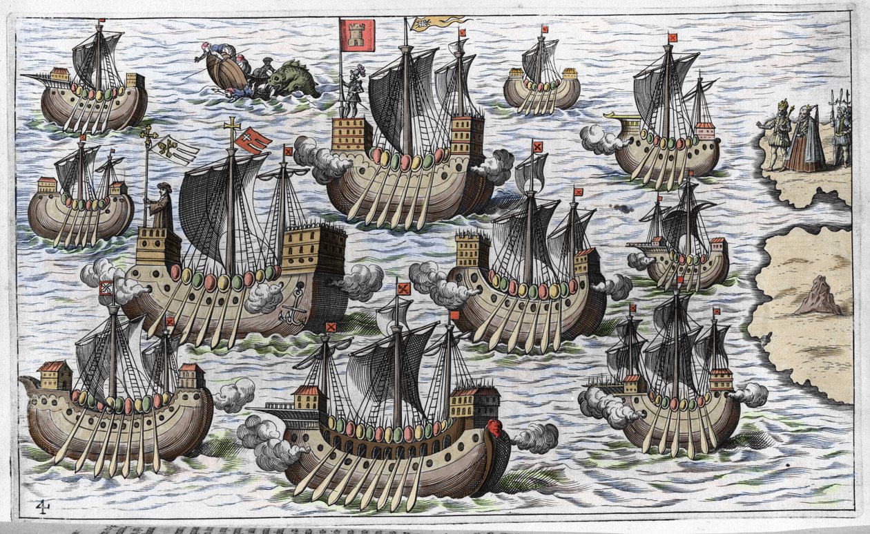 Die Flotte von Christoph Kolumbus (Cristoforo Colombo) zur Eroberung der Neuen Welt - in „Nova Tipus Transacto Navigatio Novi Orbi“ von Philoponus Honorius von Unknown artist