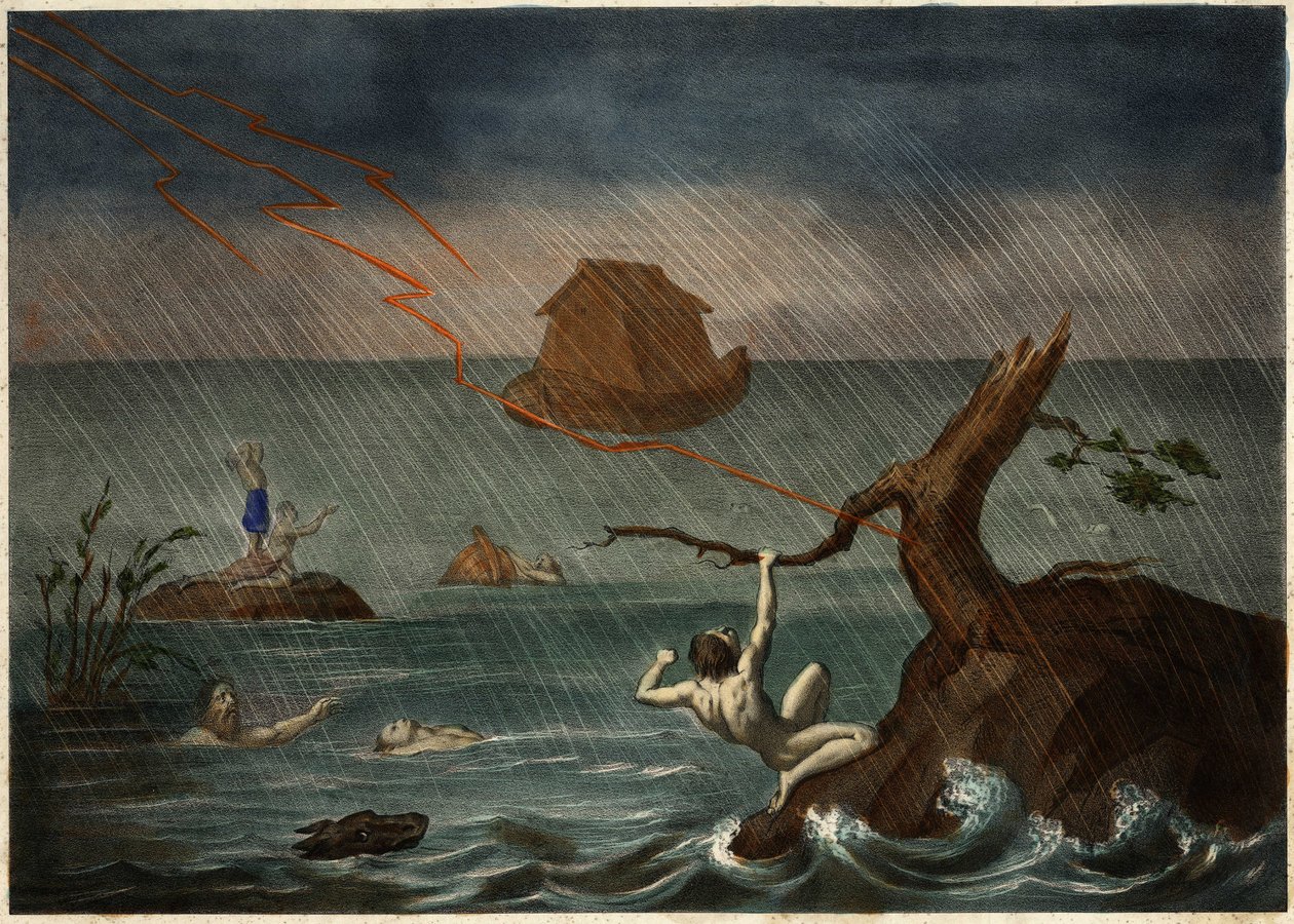 Die Sintflut mit der Arche Noah in der Ferne. Anonyme Gravur aus der Mitte des 19. Jahrhunderts von Unknown artist