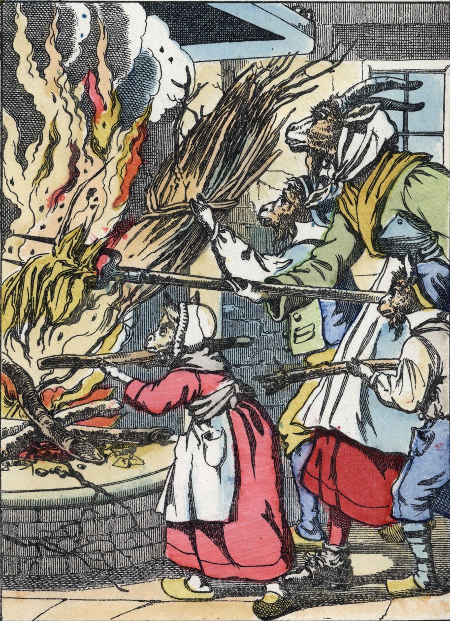 Die Ziege und die Schmuckstücke setzen den Kamin in Brand. Illustration aus dem Märchen „Compere le Loup, Maitre Renard, Comere la Chevre et ses petits biquets“ nach einer Fabel von Jean de La Fontaine. In „Märchen aus dem Heim für die Kleinen“. Anonyme Gr von Unknown artist