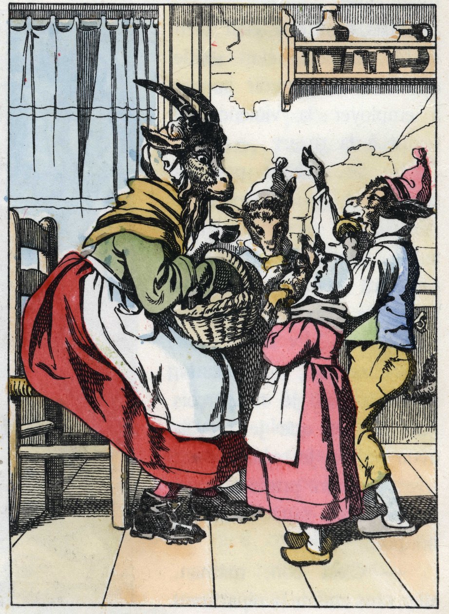 Die Ziege kommt vom Markt zurück und hört die Geschichte der Zicklein. Illustration des Märchens „Compere le Loup, Maitre Renard, Comere la Chevre et ses petits biquets“ nach einer Fabel von Jean de La Fontaine. In „Märchen aus dem Heim für die Kleinen“. A von Unknown artist