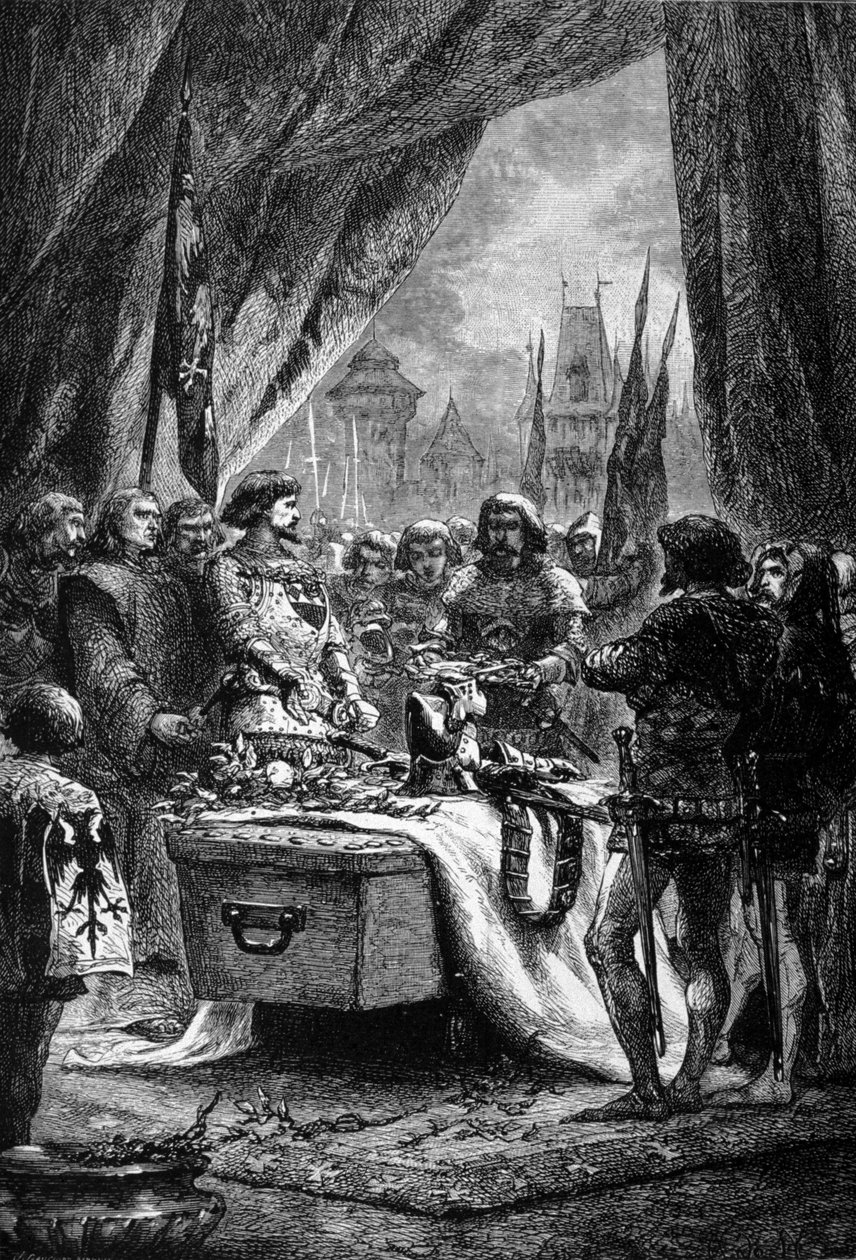Der Gouverneur legte die Schlüssel von Chateauneuf de Randon auf den Sarg von Bertrand Du Guesclin (1320 - 1380), einem bretonischen Krieger und französischen Patrioten gegen die Engländer. Gravur aus dem 19. Jahrhundert. von Unknown artist