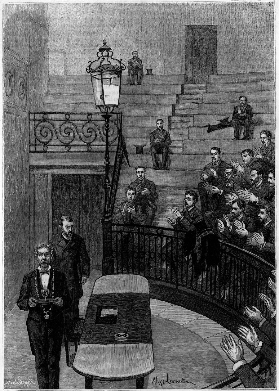 Der große Amphitheater der Medizinischen Fakultät des Quartier Latin in Paris. Gravur im Journal „La jeunesse“ von Unknown artist