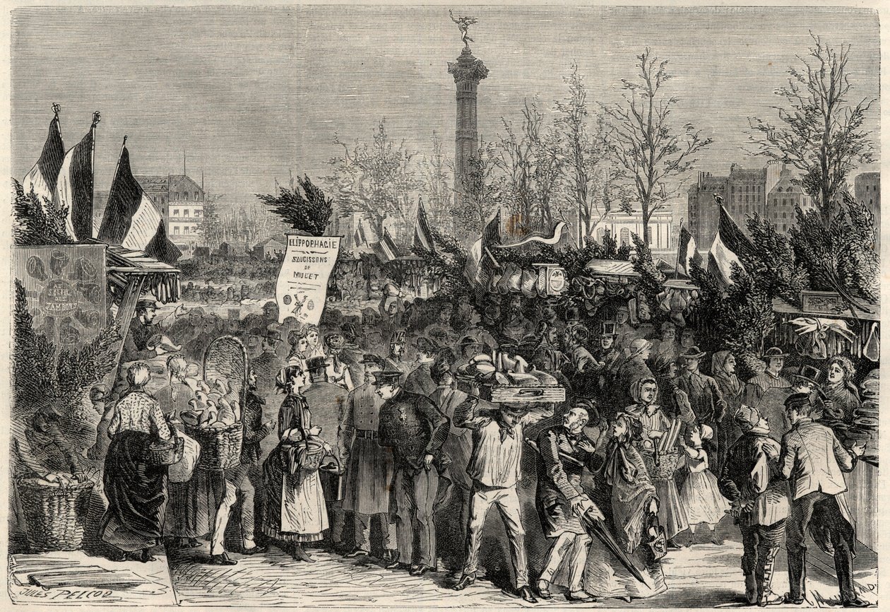 Der Schinkenmarkt, Boulevard Bourdon im 4. Arrondissement von Paris in der Nähe der Place de la Bastille. Ein Schild wirbt für Maultierfleisch (Hippophagie). Gravur in „Das illustre Universum“ von Unknown artist