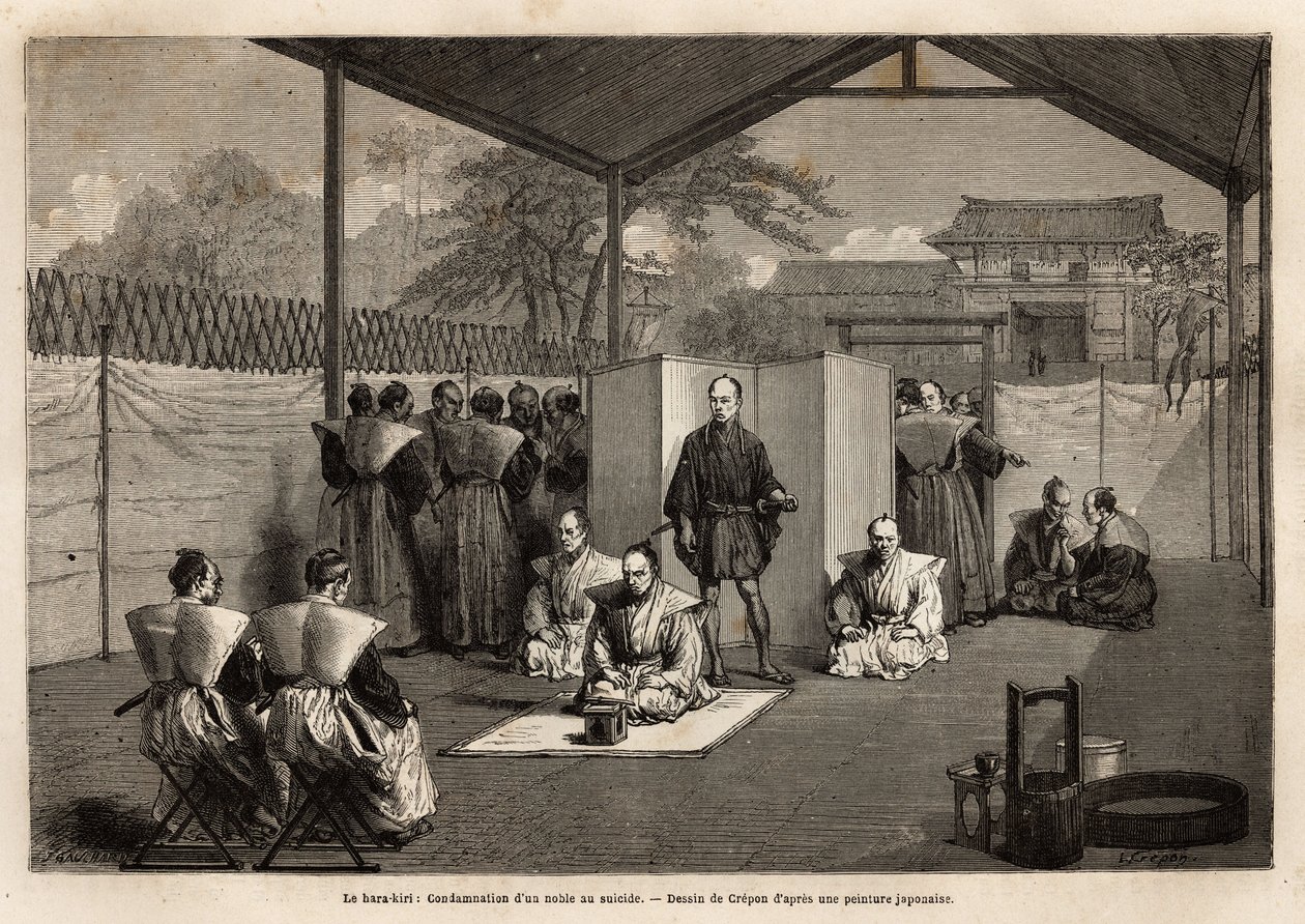Der Hara Kiri: Verurteilung eines Adligen zum rituellen Selbstmord; verurteilt ihn, ein Knie auf der weißen Matte wird das Messer benutzen, um seinen Bauch zu öffnen, dann steht der Samurai hinter ihm und enthauptet ihn mit einem Schwert. Gravur zur Illust von Unknown artist