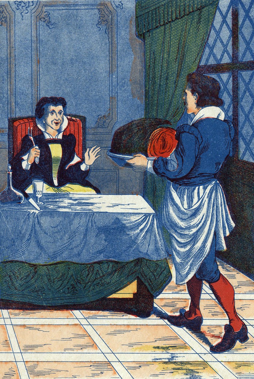 Der Hotelmeister serviert der Ogerin ein Kind. Illustration für „Dornröschen“ von Charles Perrault von Unknown artist