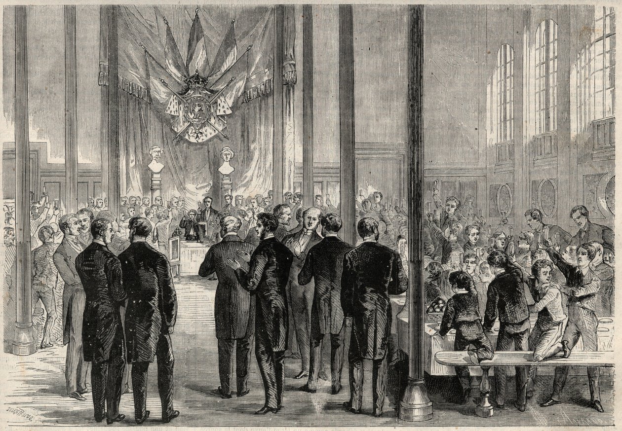 Der kaiserliche Prinz Eugene Louis Joseph (1856-1879) nimmt am Bankett des Heiligen Karl des Großen in Paris im Lycée Bonaparte (später Lycée Condorcet) teil. Gravur in „The Universe illustrious“. von Unknown artist