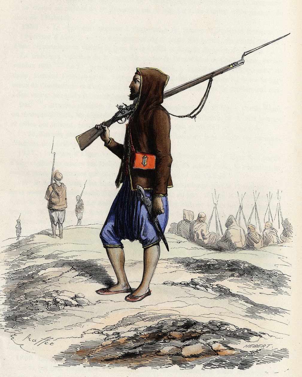 Die Infanterie von Emir Abd-el-Kader widersteht der französischen Armee während der Algier-Expedition von 1830. In „L