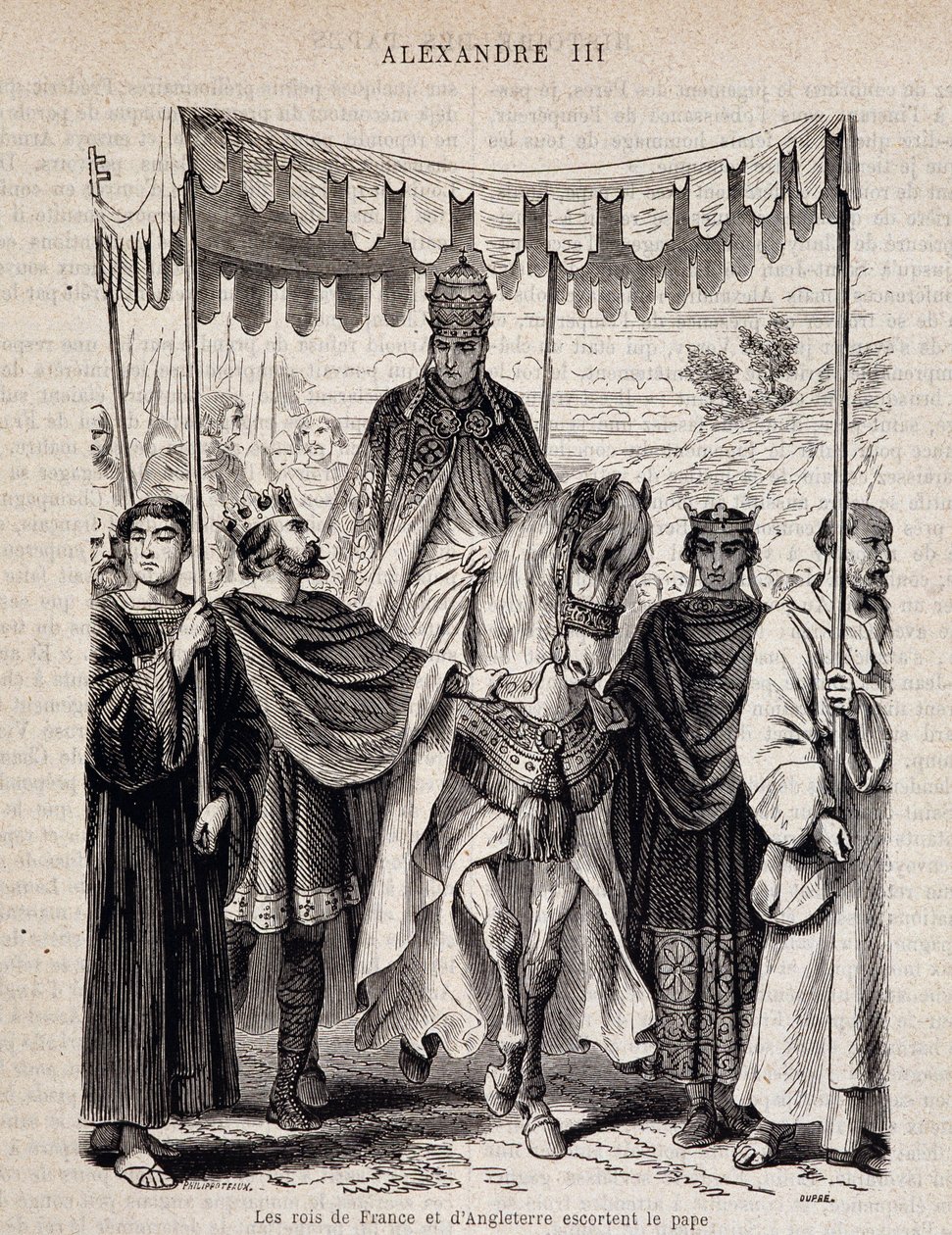 Die Könige von Frankreich Ludwig VII. der Jüngere (1120 - 1180) und England eskortieren Papst Alexander III. - in „Histoire des popes“ von Unknown artist