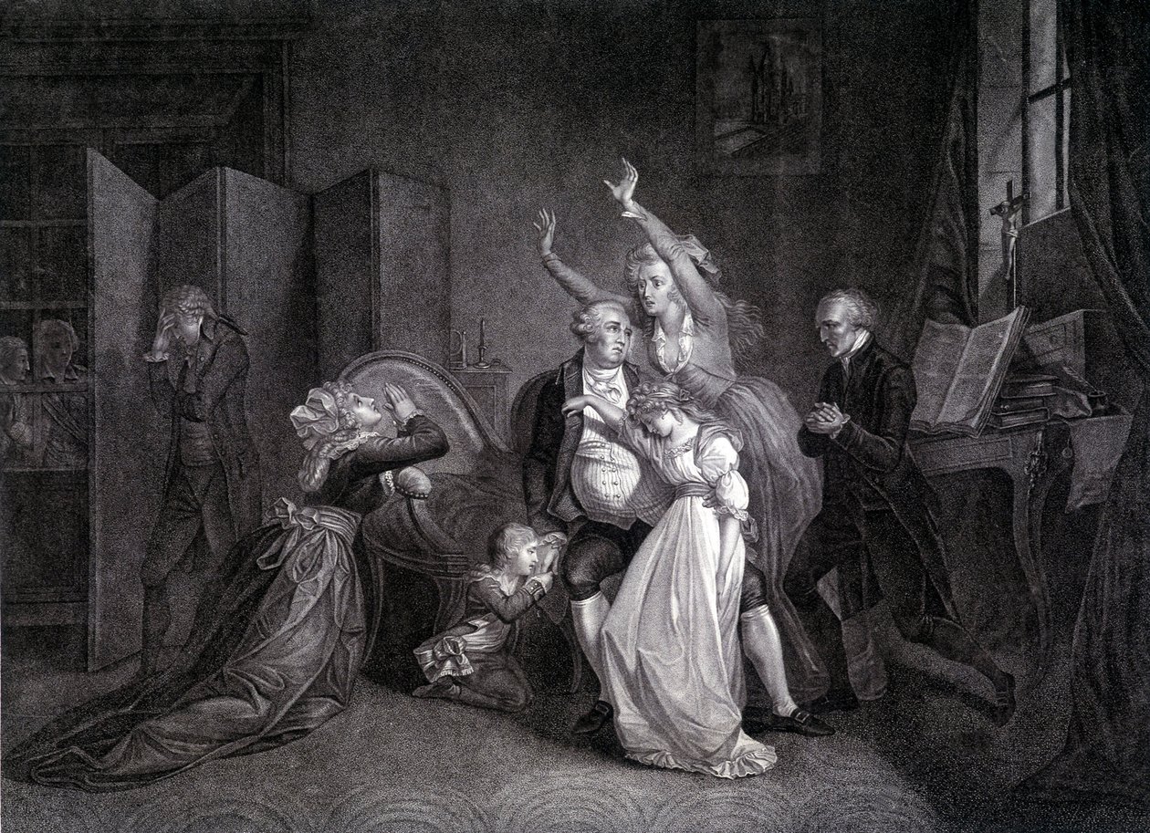Das letzte Gespräch von Ludwig XVI. mit seiner Familie (Marie Antoinette und Ludwig XVII). Gravur aus dem 19. Jahrhundert. von Unknown artist