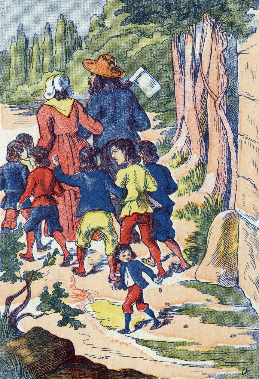 Der kleine Däumling sät Steine auf seinem Weg. Illustration für „Der kleine Däumling“, Märchen von Charles Perrault (1628-1703), französischer Schriftsteller. Anonyme Illustration. Bild von Marcel Vagne, Jarville Nancy, undatiert (spätes 19. Jahrhundert) von Unknown artist