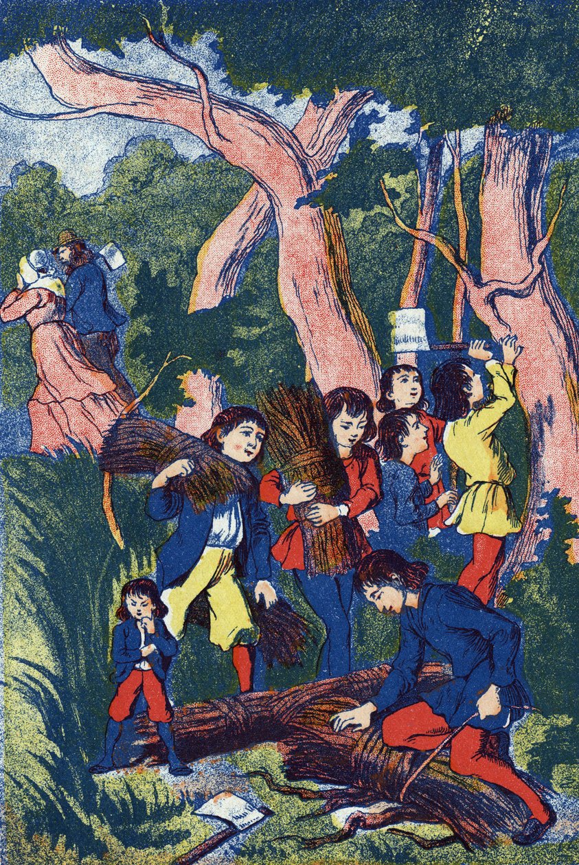 Die Holzfäller verlassen ihre Kinder. Illustration für „Le Pepetit poucet“, Märchen von Charles Perrault (1628-1703), französischer Schriftsteller. Anonyme Illustration. Bildmaterial Marcel Vagne, Jarville Nancy, undatiert (spätes 19. Jahrhundert) von Unknown artist