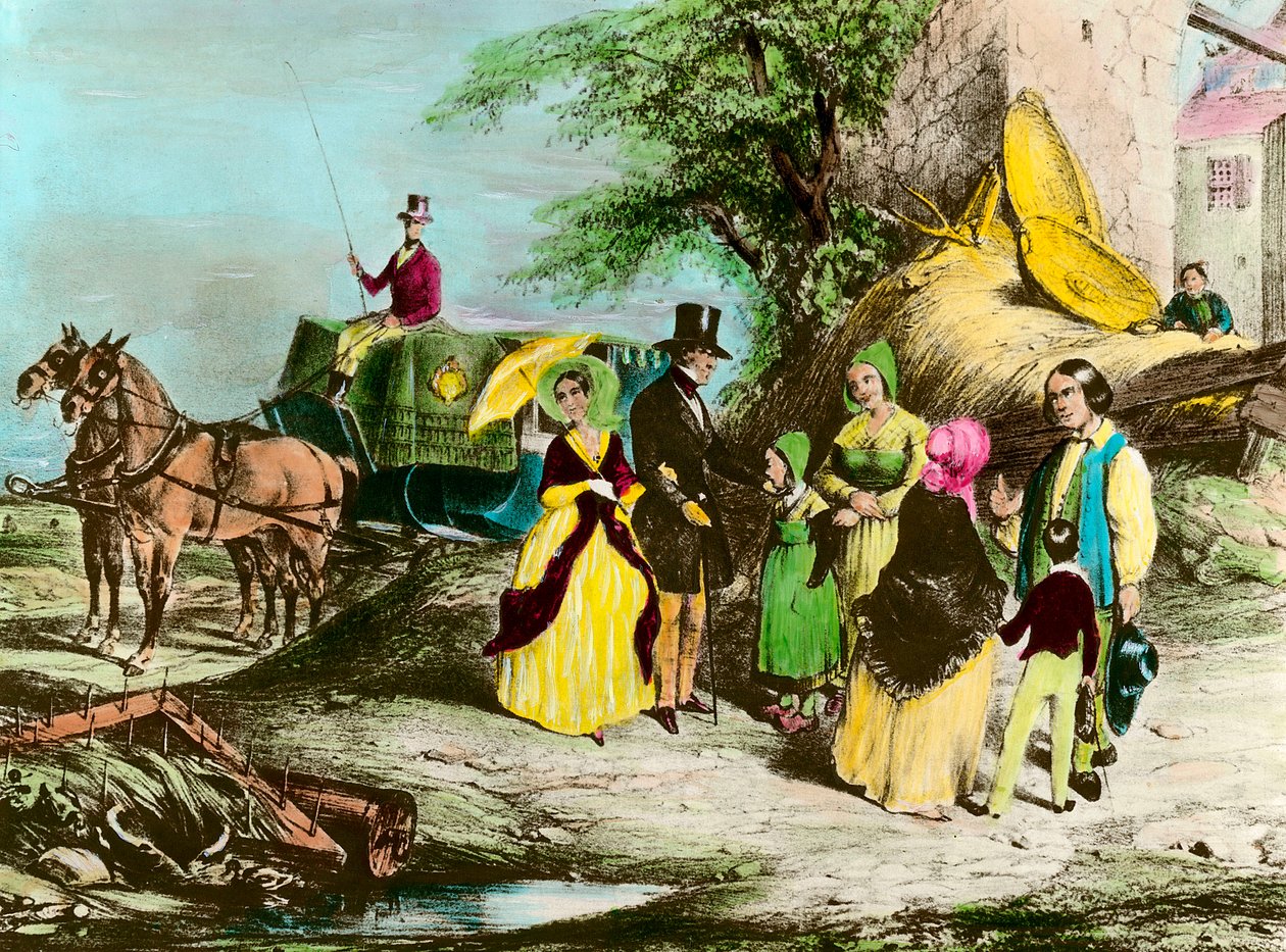 Der Herr und sein Bauer. Der Gutsherr besucht die Bauern. Gravur aus dem 19. Jahrhundert. Private Sammlung von Unknown artist