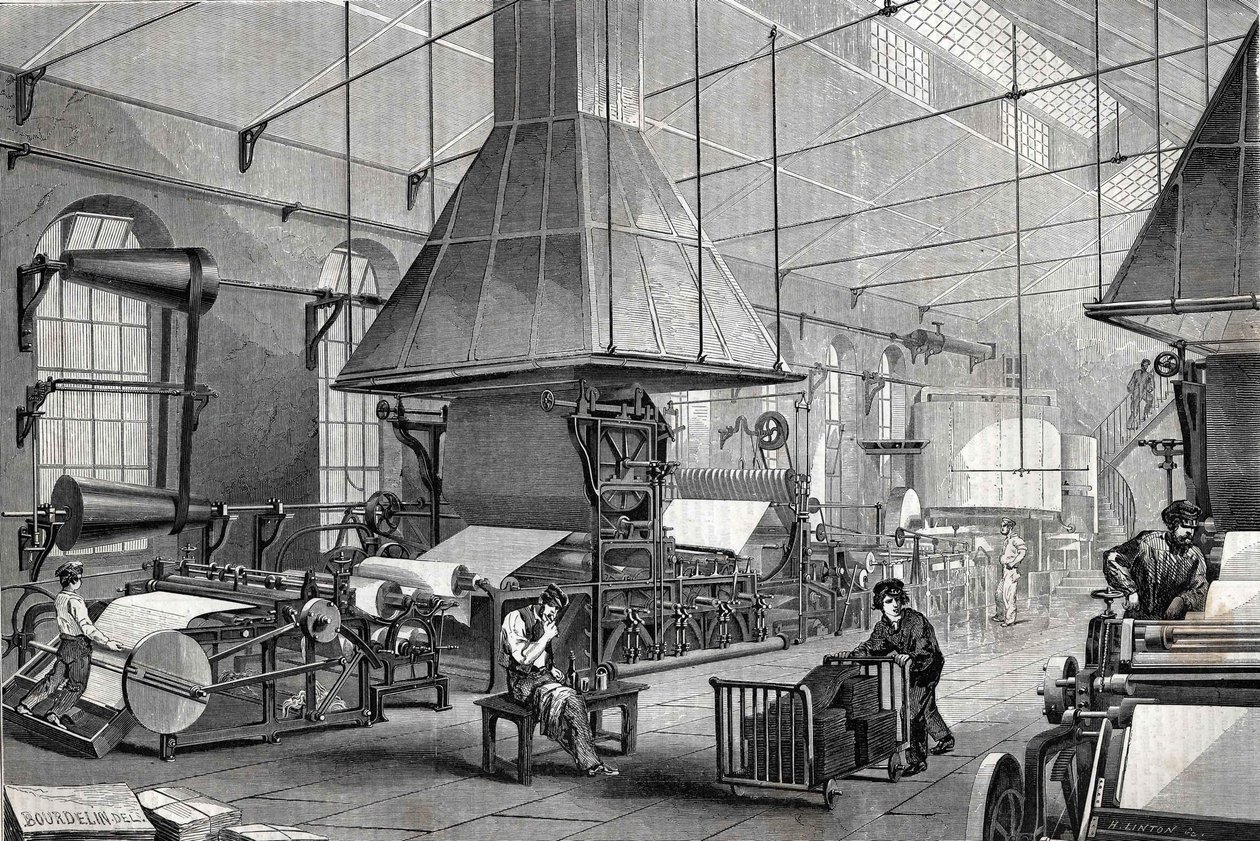Der Maschinenraum einer Papierfabrik. Gravur von Unknown artist