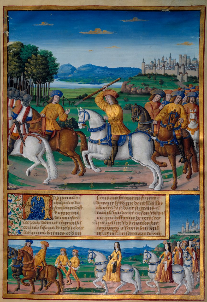 Der Wahnsinn von Karl VI. (1368-1422). Am 5. August 1392 begann er im Wald von Le Mans, Anfälle von wütendem Wahnsinn zu erleben: Er schrie nach Verrat, griff seine eigene Truppe an und tötete vier Menschen. Chroniken von Enguerrand de Monstrelet von Unknown artist