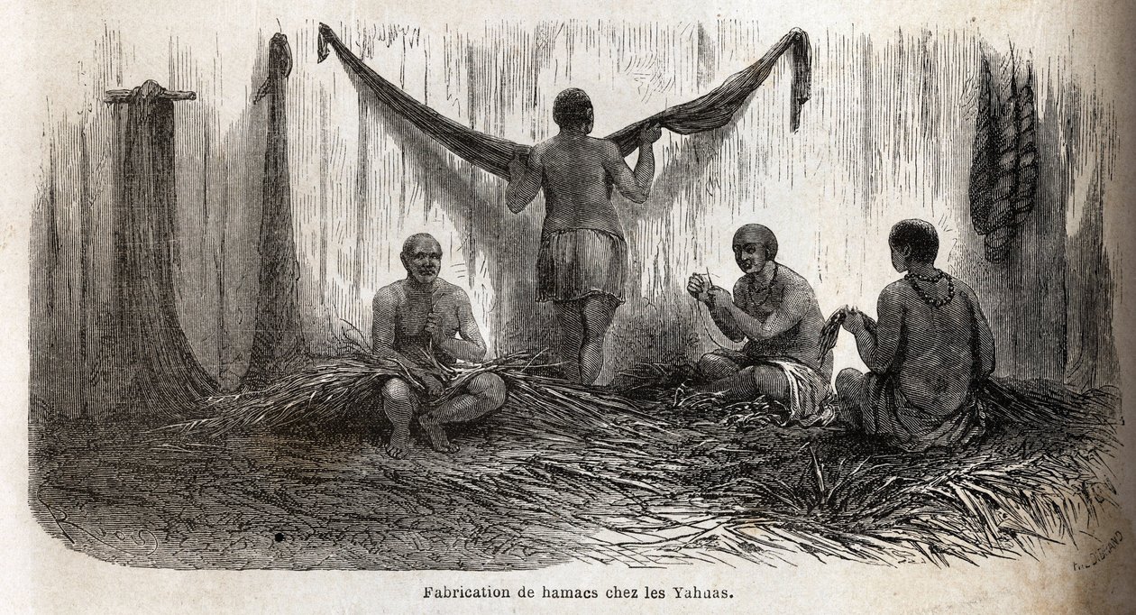 Die Herstellung von Hängemattennetzen bei den Yahua-Indianern in Peru, aus dünnen Palmfäden der Chambira-Palme geflochten. Gravur zur Illustration der Reise vom Pazifischen Ozean zum Atlantischen Ozean, durch Südamerika, in den Jahren 1848-1860 von Paul Ma von Unknown artist