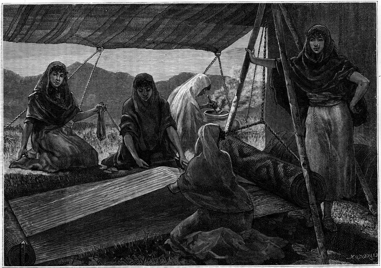 Die Herstellung von Teppichen durch nomadische Frauen Persiens. Gravur im Journal „La jeunesse“ von Unknown artist