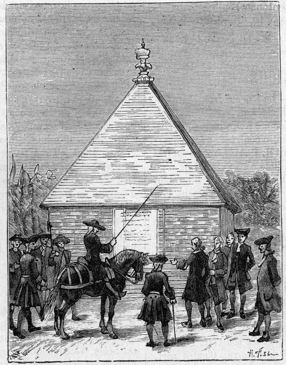 Die Messung des Äquatorgrads im 18. Jahrhundert: Pyramide von Carabourou, Peru, errichtet von La Condamine im Jahr 1736. Stich in „La Nature: revue des sciences et de leurs applications aux arts et a l