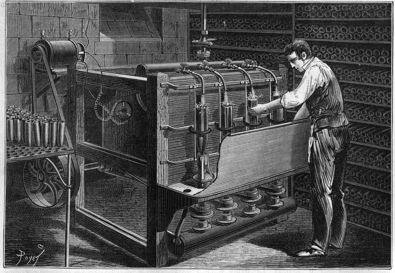 Die mechanische Installation von M. Marguery, Restaurateur, in Paris: automatische Flaschenwaschmaschine, dargestellt als betrieben durch eine kleine dynamoelektrische Maschine von Gram (Zenobe Theophile Gram 1826-1901). Gravur in „La Nature: revue des sci von Unknown artist