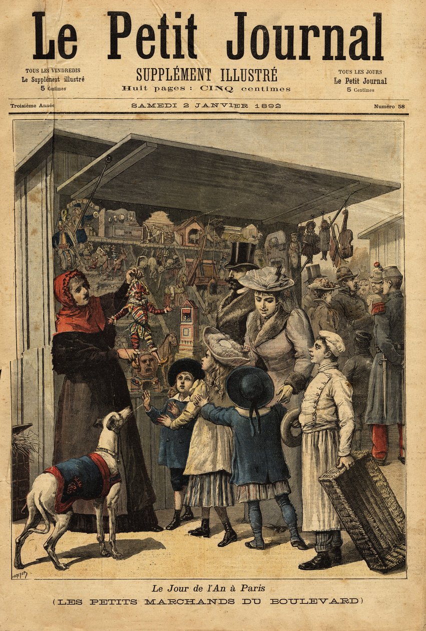 Die Händler und ihre Boulevardauslagen am Neujahrstag in Paris. Gravur in „Le petit journal“ 2/01/1892. Selva-Sammlung von Unknown artist
