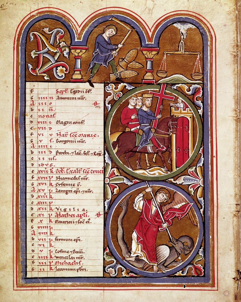Der Monat September, landwirtschaftliche Arbeiten (Ernte, Dreschen des Weizens mit einer Blume), das Fest der Kreuzerhöhung, St. Georg besiegt den Drachen. Manuskriptseite aus „Der Psalter der Heiligen Elisabeth“ 13. Jahrhundert, Cividale, Museum von Unknown artist