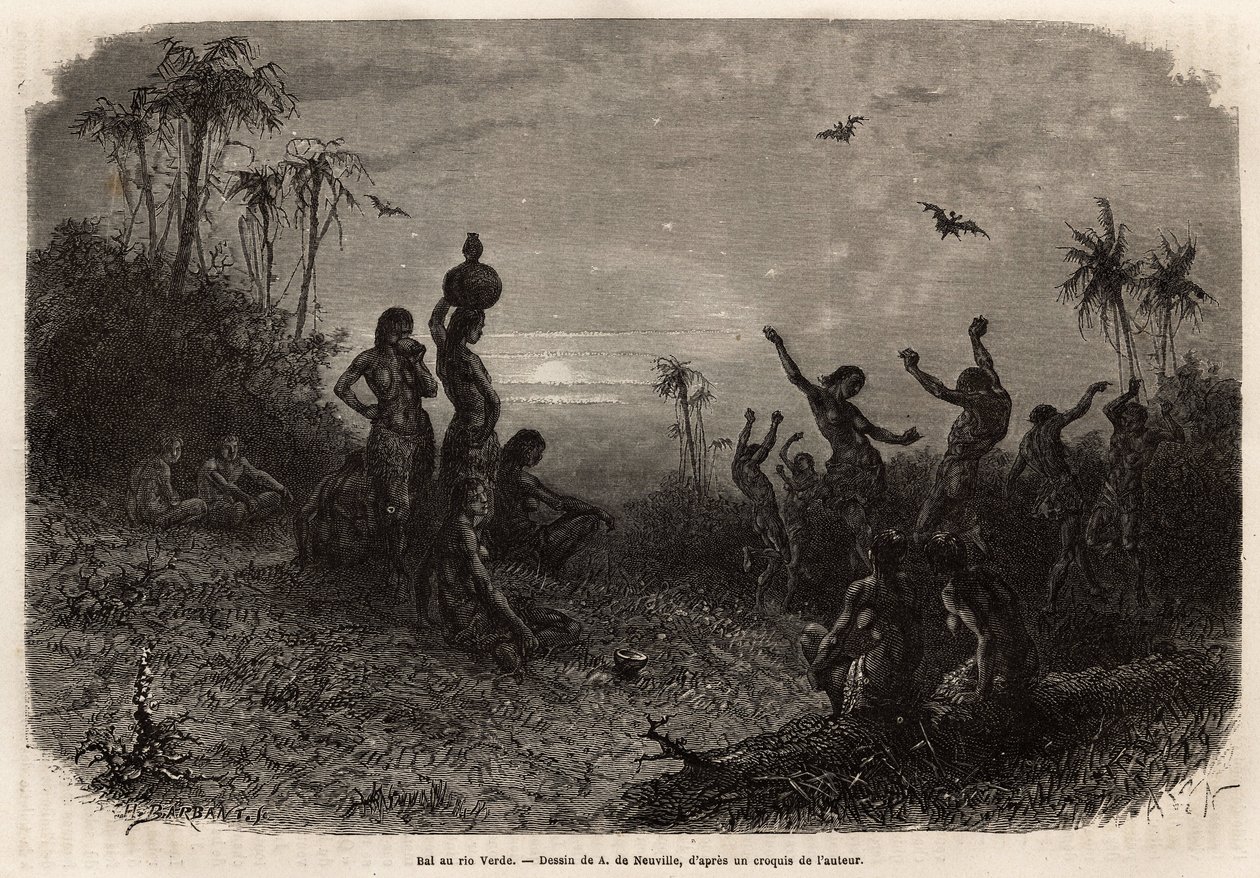 Der Mondscheinball, der die 18-Jahr-Feier und die Hochzeit eines jungen Indianers aus Rio Verde (Brasilien) abschließt. Gravur zur Illustration der Reise nach Neu-Granada, von Dr. Saffray, 1869, veröffentlicht in „Le tour du monde“ 1873, herausgegeben von von Unknown artist