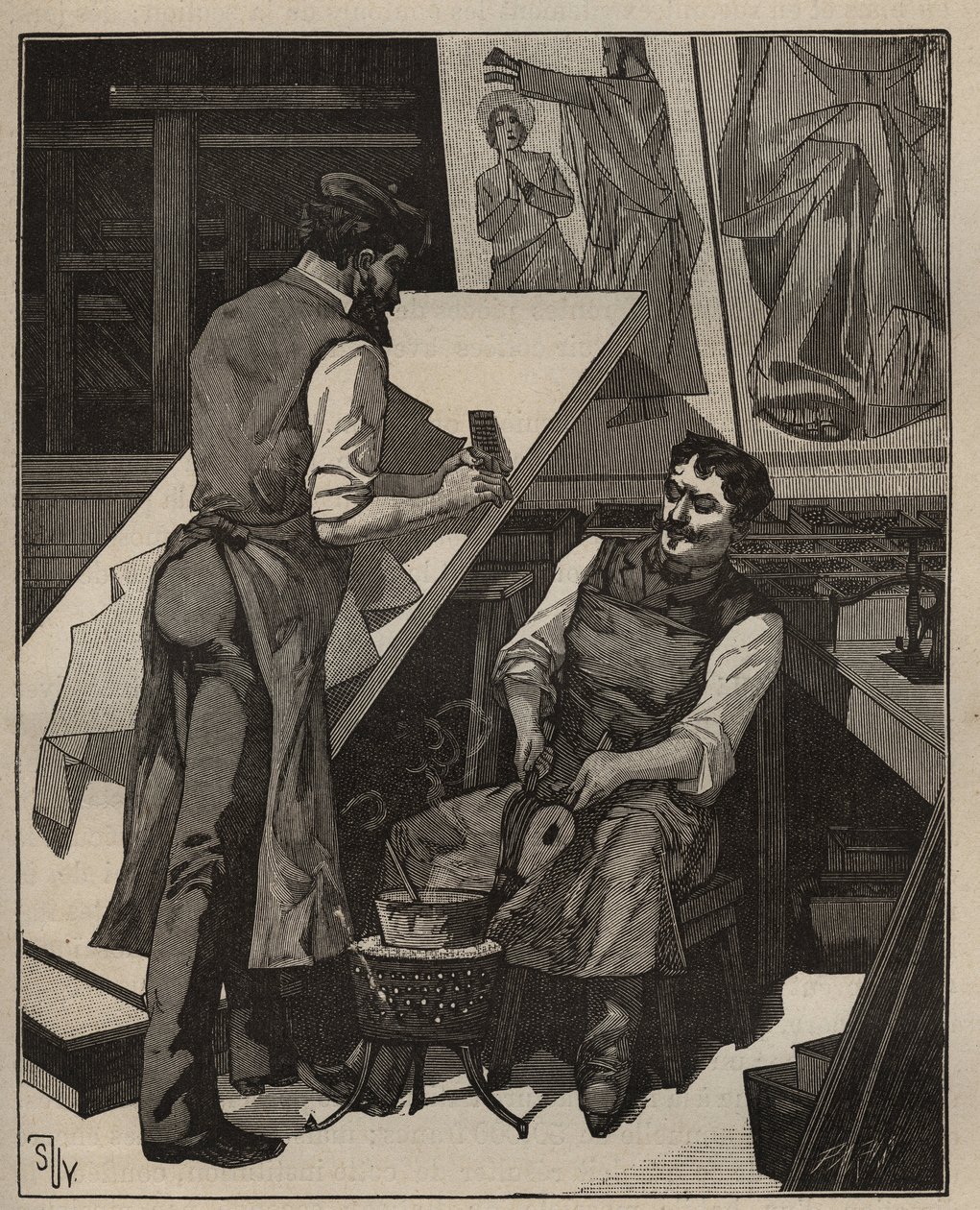 Die Mosaik: Mosaikwerkstatt. Gravur von 1885 in „Les arts et métiers illustrés“ von Adolphe Bitard. von Unknown artist