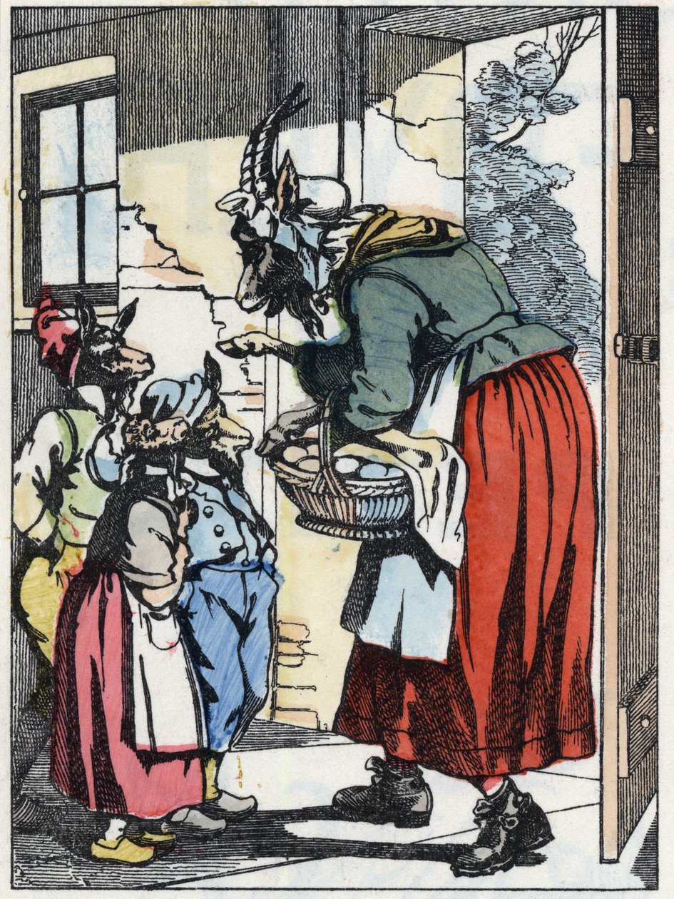 Die Mutterziege geht spazieren und warnt ihre Zicklein. Illustration des Märchens „Compere le Loup, Maitre Renard, Comere la Chevre et ses petits biquets“ nach einer Fabel von Jean de La Fontaine. In „Märchen aus dem Heim für die Kleinen“. Anonyme Gravur d von Unknown artist