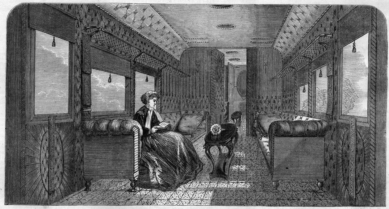 Der neue Wagen Ihrer Majestät, der Prinzessin von Wales, für ihre Zugreise. Gravur in „The Illustrous Universe“ von Unknown artist