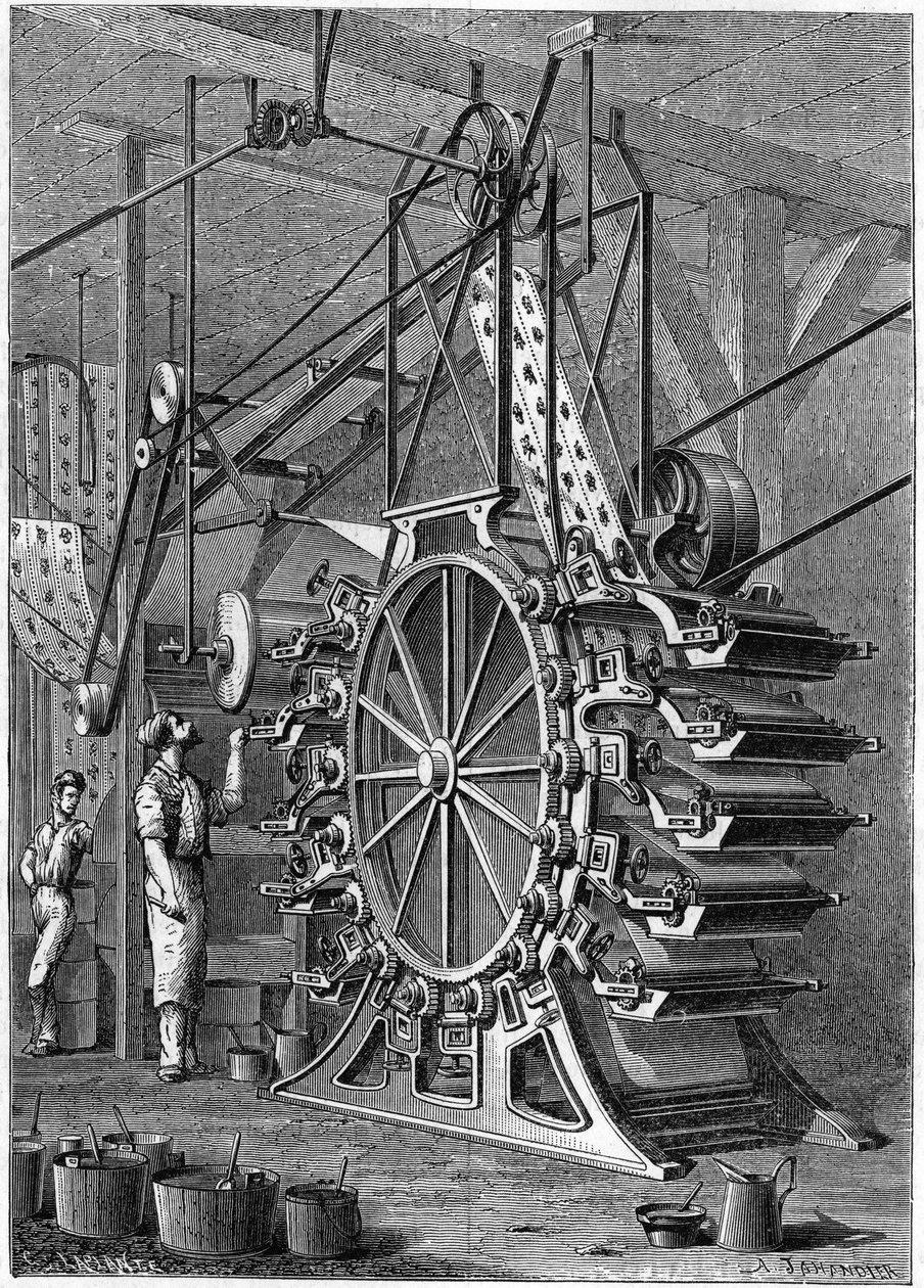 Die neue Tapetendruckmaschine. Gravur im illustrierten Journal „La Jeunesse“. von Unknown artist