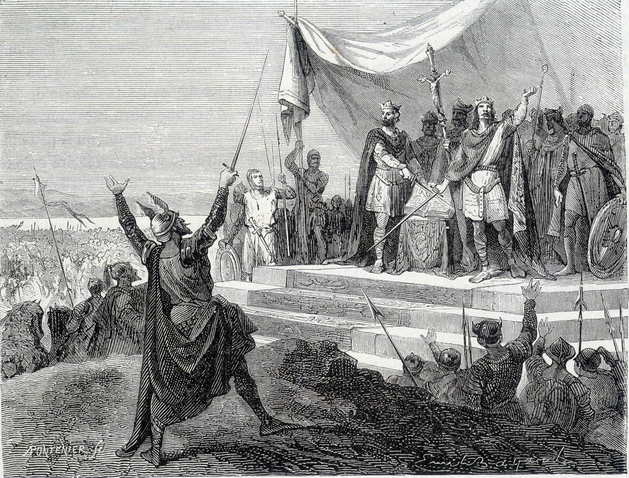 Der Eid der beiden Brüder vor ihrer Rüstung: Karl II. der Kahle und Ludwig II. der Deutsche schwören den Eid gegen Lothar I. (Eide von Straßburg 842). Gravur des 19. Jahrhunderts. von Unknown artist