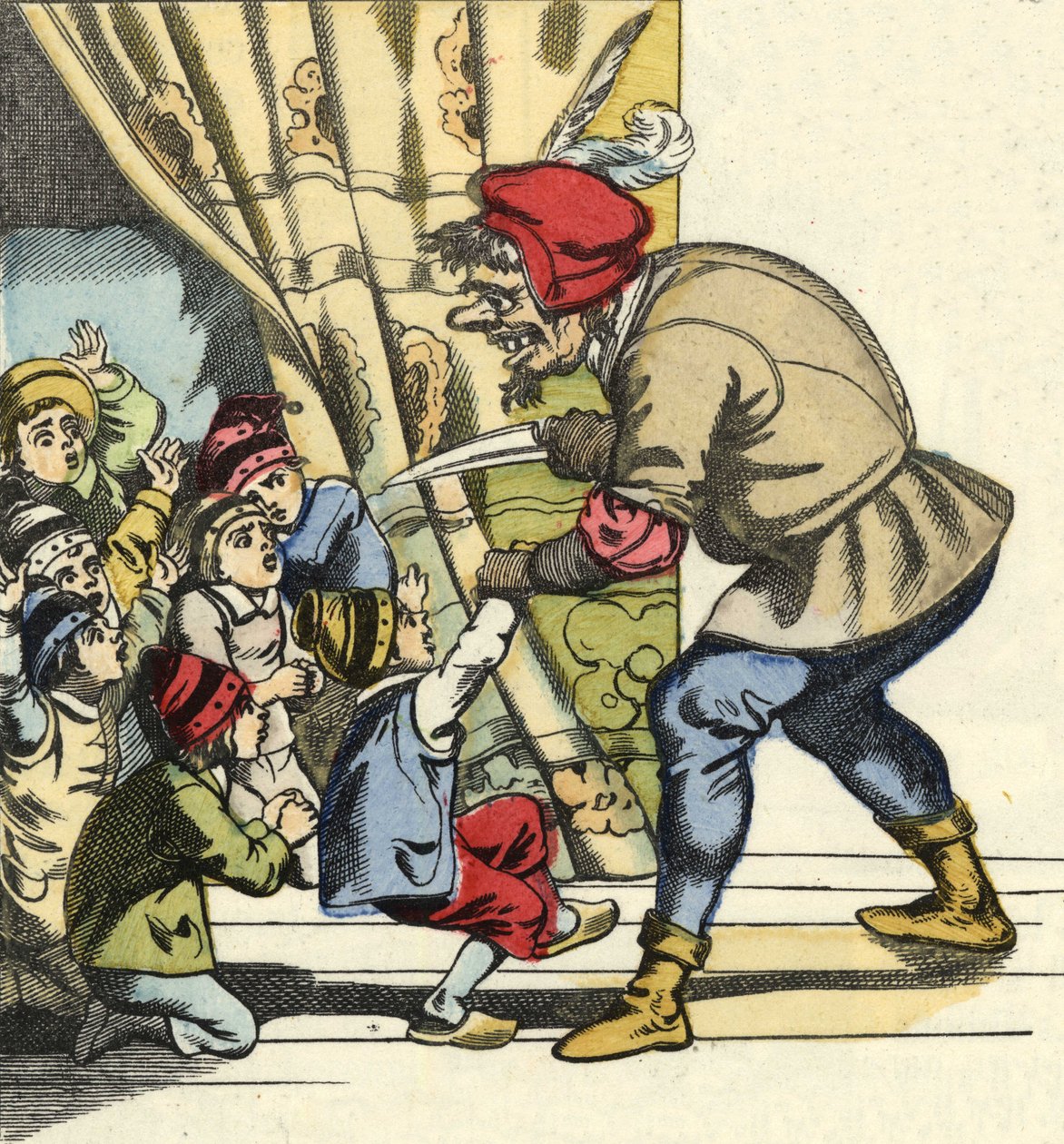 Der Oger nimmt ein Kind mit der Absicht, es zu verschlingen. Illustration des Märchens „Der kleine Däumling“ von Charles Perrault von Unknown artist