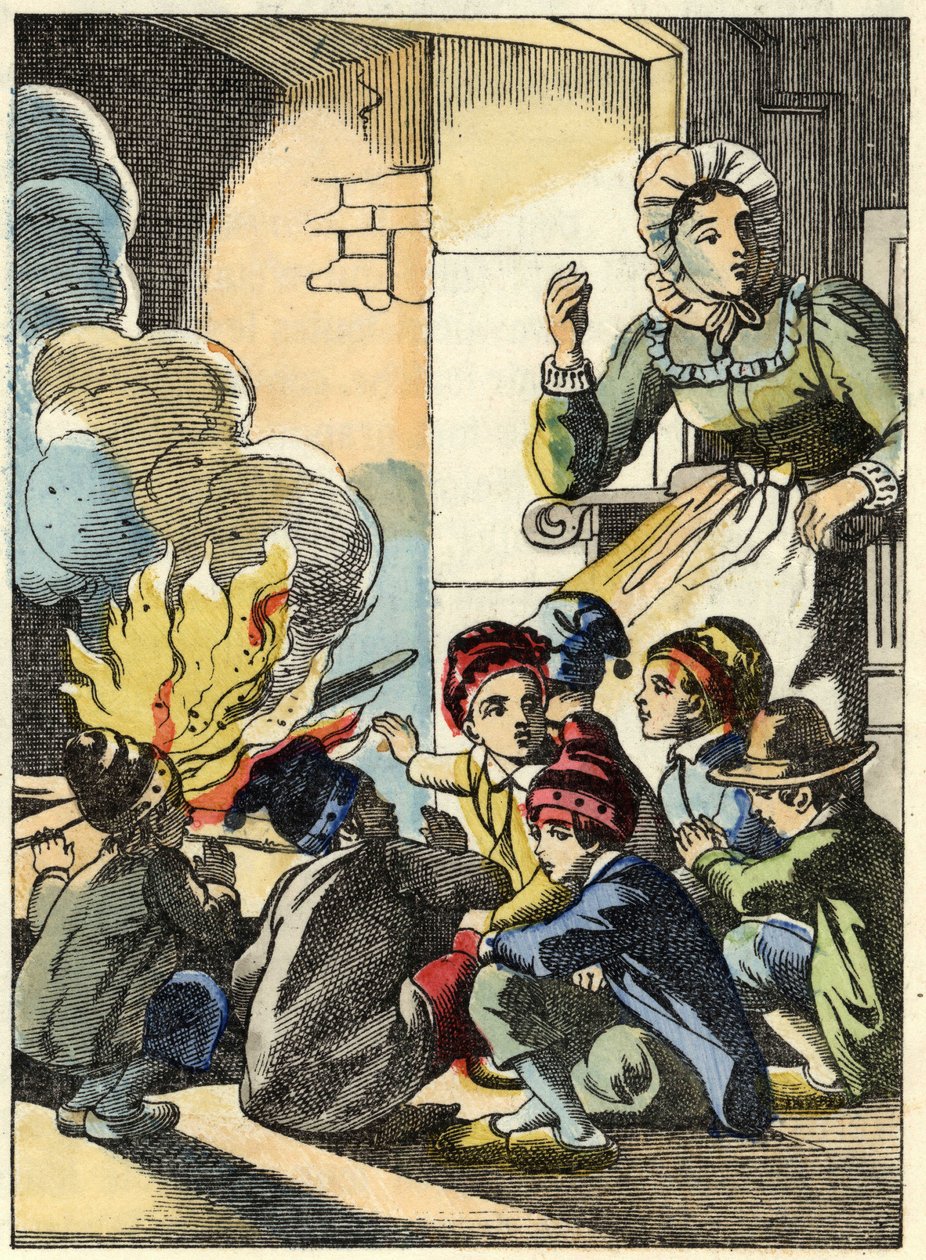 Die Frau des Ogers wärmt den kleinen Poulet und seine Brüder am Feuer. Illustration aus dem Märchen „Der kleine Däumling“ von Charles Perrault von Unknown artist