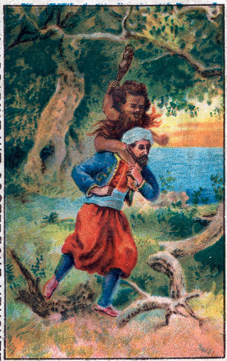 Der alte Mann vom Meer. Die wunderbaren Abenteuer von Sindbad dem Seefahrer. Beliebtes Märchen aus 1001 Nacht. Chromolithographie des späten 19. Jahrhunderts. von Unknown artist