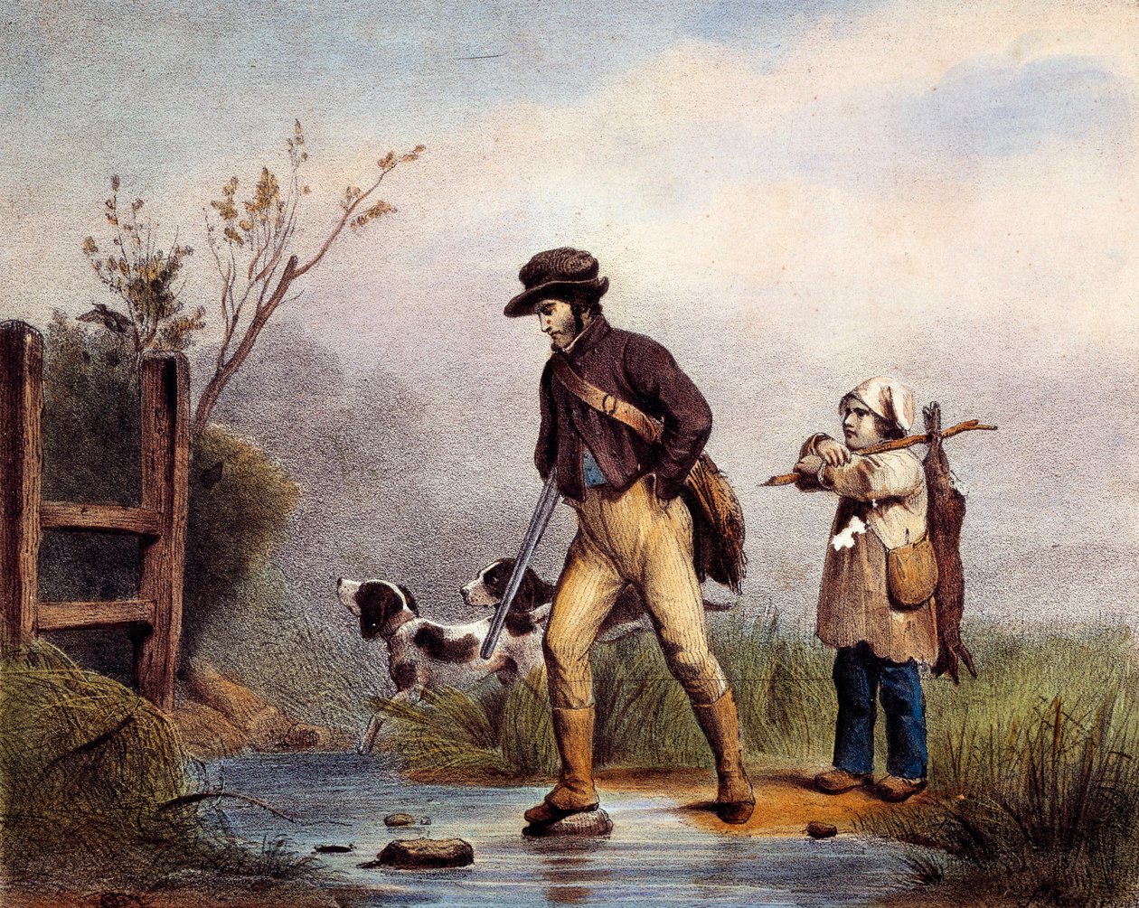 Der Durchgang hat Jäger, die einen Wasserlauf zu Fuß überqueren. Lithographie des 19. Jahrhunderts Gien, Jagdmuseum von Unknown artist